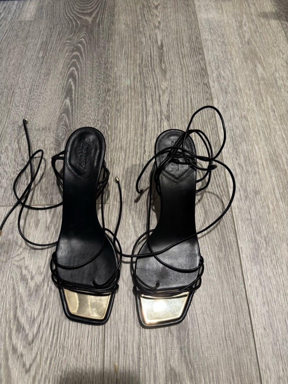 Schutz- Black Lace-Up Square Toe Sandals with Gold Accent-